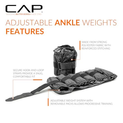 CAP Barbell Adjustable Ankle Weights |10-20lb Pair | Black