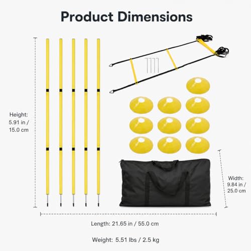 predolo Agility Ladder Speed Training Kit, Soccer Training Equipment Set, PP Rung Agility Ladder Synthetic Material Disc Cones with Storage Bag - style: Yellow Agility Ladder Training