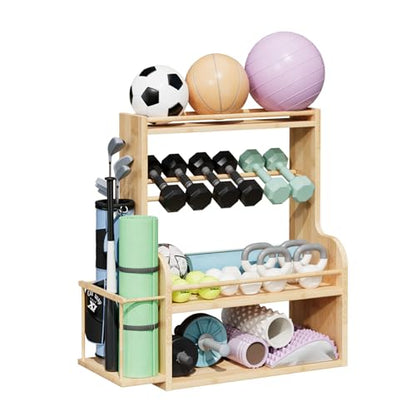 APRTAT Bamboo Dumbbell Rack, Adjustable Weight Rack for Home Gym, All-in-One Workout Equipment Storage for Dumbbells, Kettlebells, Yoga Mats & Balls