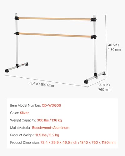 VEVOR Ballet Barre, Barre Bar for Home, Freestanding Portable Ballet Stretching Dance Bars, Height Adjustable Anti-Wobble Fitness Gym Studio Equipment