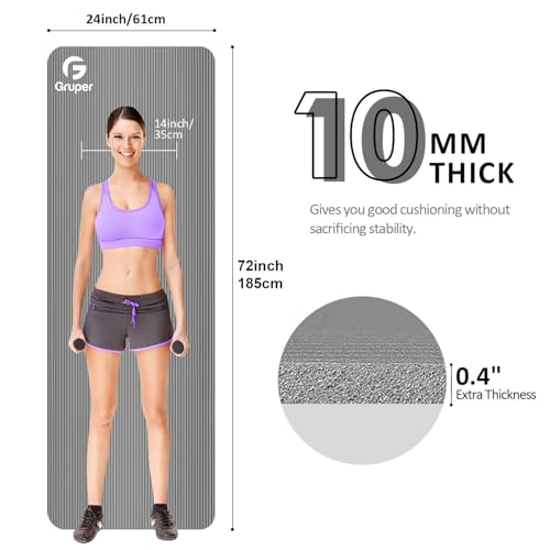 Gruper Yoga Mat Non Slip NBR Extra Thick Yoga Mat, 72"L x 32"/24"W x 0.6"/0.4"TH (185cm x 80cm/61cm x 15mm/10mm), Anti-Tear Exercise Mat with Carrying Strap and Bag, Workout Mats for Yoga, Pilates