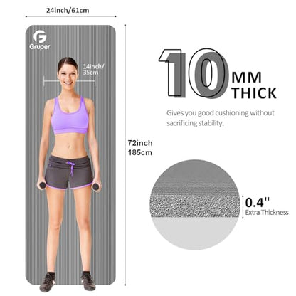Gruper Yoga Mat Non Slip NBR Extra Thick Yoga Mat, 72"L x 32"/24"W x 0.6"/0.4"TH (185cm x 80cm/61cm x 15mm/10mm), Anti-Tear Exercise Mat with Carrying Strap and Bag, Workout Mats for Yoga, Pilates