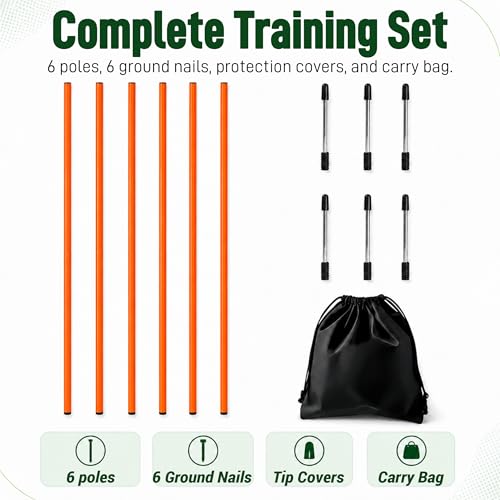 6 Pcs Soccer Agility Poles for Training, 5 FT Adjustable Speed and Agility Training Equipment for Football/Basketball/Horse/Dog Practice, Soccer Sticks with Steel Ground Nails Outdoors