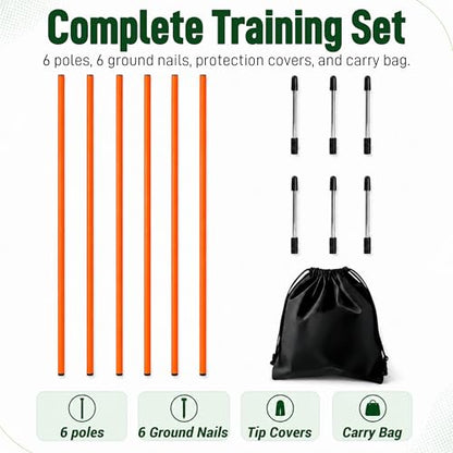 6 Pcs Soccer Agility Poles for Training, 5 FT Adjustable Speed and Agility Training Equipment for Football/Basketball/Horse/Dog Practice, Soccer Sticks with Steel Ground Nails Outdoors