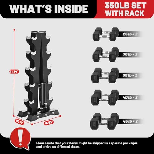 Hex Dumbbell Sets with Rack, 85-560lb Dumbbell Weight Set & Storage Rack - size: 350lb(25, 30, 35, 40, 45lb)x2 & T-Bar Rack