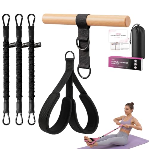 Pedal Resistance Band with Wood Handle for Arm, Leg & Core Workouts | 3-Tube 30/60/90 LB Resistance | Beech Wood Handle | Dual D-Ring | Fabric-Covered Tubes | Wide Foot Pedals | Carry Bag & Guide