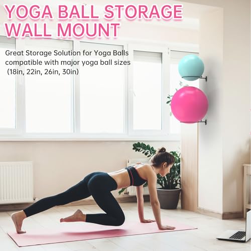 26" Exercise Ball Holder Wall Mount - Adjustable Yoga Ball Storage Rack for 14 to 30 Inch Stability Balls, Heavy-Duty Metal Balance Ball Wall Mount with 12-Inch Diameter Ring