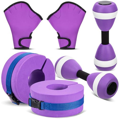 Water Aerobics Set Aquatic Exercise Set Include Water Foam Dumbbell Swim Aquatic Cuffs Ankle Arm Swimming Glove Pool Resistance Weights Pool Fitness Equipment for Training - color: Purple