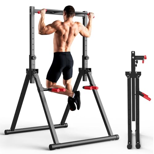 Foldable Power Tower Dip Station for Pull Ups, Dips & Push Ups, Upgraded Free Standing Pull Up Bar Station, Multi-function Workout Equipment for Home Gym Strength Training, Support 440LBS