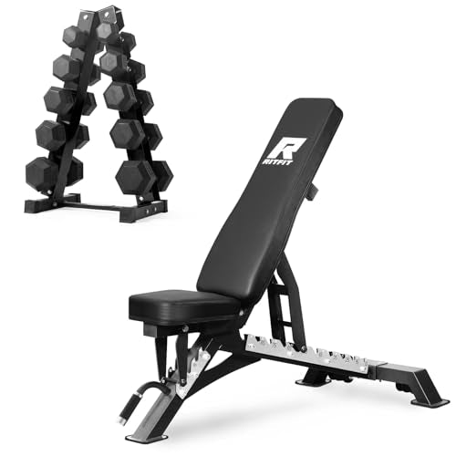 RitFit Rubber Coated Hex Dumbbell Set with Rack, 5-780LB for Home Gym Strength Training, Anti-Slip Knurled Handle, Hexagon Anti-Roll, Heavy-Duty Storage Rack - style: 250 LB Set with Adjustable Weight Bench (10-40LB）