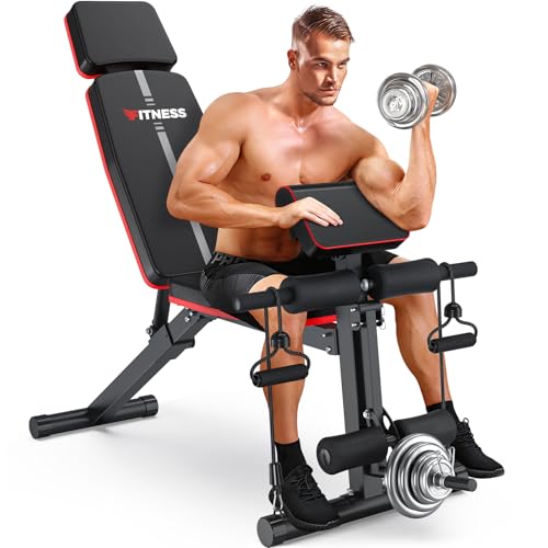 XDDIAS Adjustable Weight Bench, Workout Bench with Leg Extension and Preacher Curl Pad, Weight Bench for Home Gym, Foldable Exercise Bench, Quick Adjustment Incline Bench Press - color: Black+Red