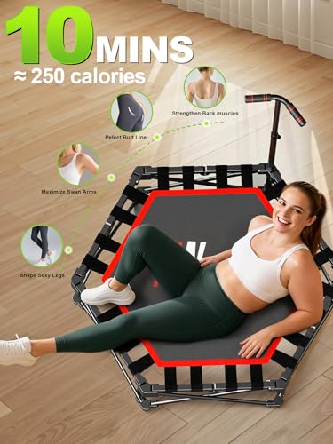 42" Foldable Mini Trampoline- 450lb Capacity Fitness Rebounder w/3-Level Adjustable T-Bar, Adults Workout Trampoline, Non-Slip Pad | Foldable Design for Home/Gym