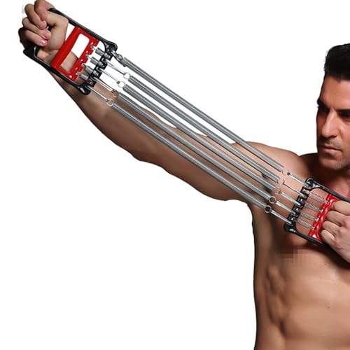Chest Expander Exercise Resistance Bands Adjustable Hand Gripper Arm Pull Bar Arm Muscle Exerciser with 5 Springs Strength Trainer for Home Gym Muscle Training Exerciser,Red