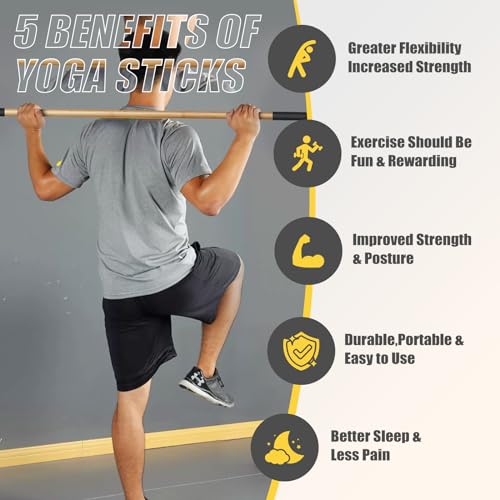 Bamboo Stretch Yoga Stick, 5ft/149 cm, Flexibility Stick for Physical Therapy, Premium Yoga Dowel with Super Sturdy Rubber Handle Ends, Exercise Bar for Posture Corrector
