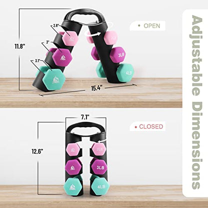 LIONSCOOL Set of 2 Neoprene Coated Dumbbell Hand Weights, Anti-Slip and Anti-Roll Hex Dumbbells in Pair for Strength Training, Resistance Training - style: 18lb, set of 6 with stand (Spring Bloom)