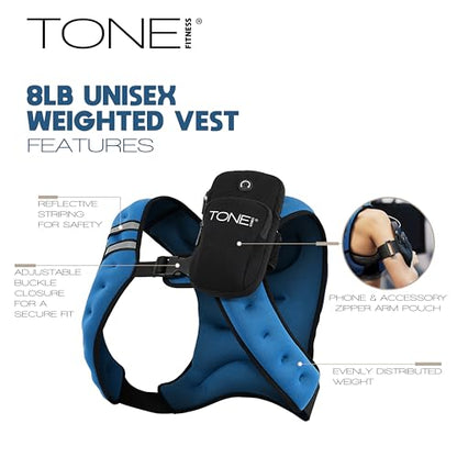 TONE Fitness 8LB Weighted Vest – Women’s & Men’s Workout Vest with Phone Pouch, Reflective Strips & Adjustable Fit for Walking, Running, Cardio & Strength Training | Gray/Blue - color: Blue