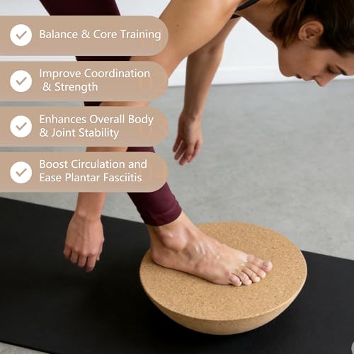 Solid Cork Balance Board Half Ball, 11.8" (30cm) Fitness Half-Ball Trainer for Balance Stability, Mobility & Core Strength Development Excecise Tool for Yoga, Rehab, Pilates & Surf Traning