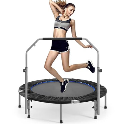 48" Foldable Mini Trampoline for Kids & Adults, Fitness Rebounder with 5-Level Adjustable Foam Handle, Max Load 450 lbs, Indoor/Outdoor Exercise Trampoline for Home Workouts (Silver)
