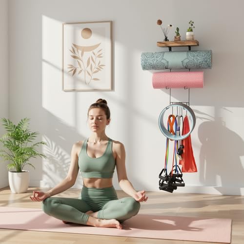 Yoga Mat Holder Accessories Wall Mount Organizer Storage Decor Foam Roller and Towel Storage Rack with 4 Hooks and Wooden Shelves Yoga Mats Rack Resistance Bands for Home Gym School Office