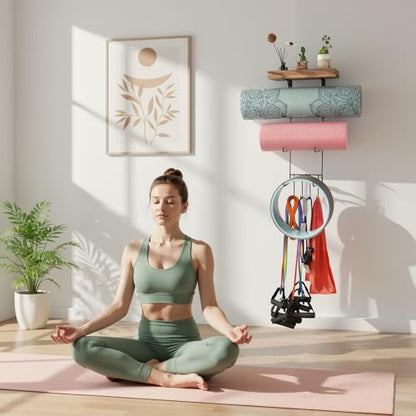 Yoga Mat Holder Accessories Wall Mount Organizer Storage Decor Foam Roller and Towel Storage Rack with 4 Hooks and Wooden Shelves Yoga Mats Rack Resistance Bands for Home Gym School Office