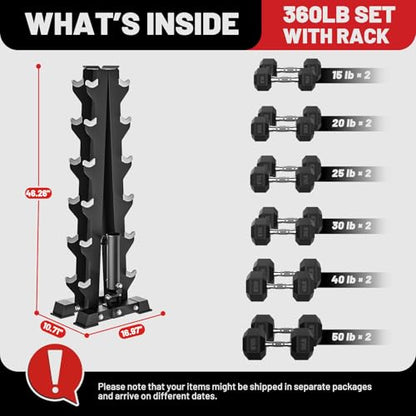Hex Dumbbell Sets with Rack, 85-560lb Dumbbell Weight Set & Storage Rack - size: 360lb (15, 20, 25, 30, 40, 50lb)x2 & T-Bar Rack