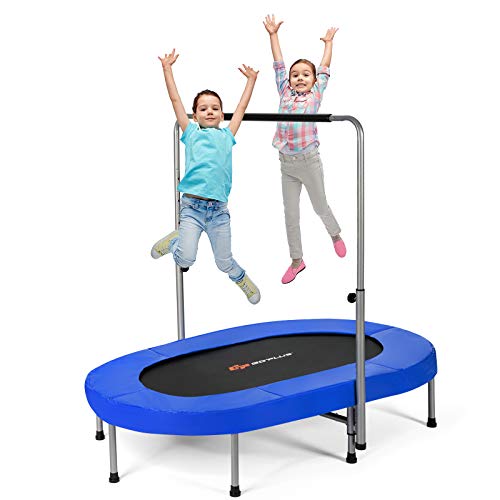 Goplus Double Mini Trampoline for Kids, Foldable Rebounder Trampoline with Adjustable Central Handrail and Safety Pad, Fitness Rebounder for Indoor Outdoor Cardio, Max Load 330lbs - color: Blue