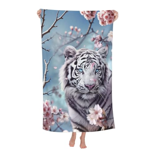 White Tiger Beach Towel,32x52in Microfiber Quick Dry Cherry Blossom Floral Wildlife Bath Towels,Soft Lightweight Oversized Sand Free,for Travel Pool Swimming Gym Decor,Gifts - color: Tiger