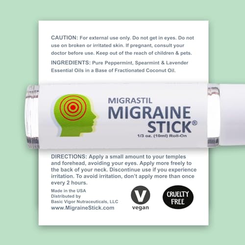Migrastil Migraine Stick Rollon - Fast Cooling Comfort for Your Head. Aromatherapy with Peppermint & Other Essential Oils. Metal Roller. Made in USA - size: 0.3 Ounce (Pack of 1)