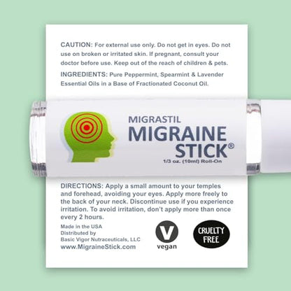Migrastil Migraine Stick Rollon - Fast Cooling Comfort for Your Head. Aromatherapy with Peppermint & Other Essential Oils. Metal Roller. Made in USA - size: 0.3 Ounce (Pack of 1)