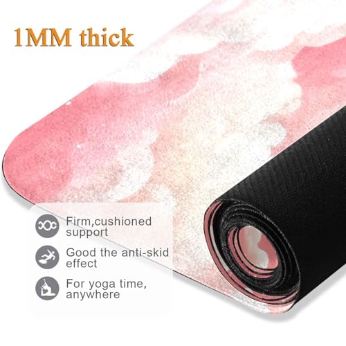 Kigai Travel Yoga Mat 71" x 24" Non Slip Natural Rubber Foldable Exercise Mat Ultra Thin 1.5mm Lightweight for Fitness, Pilates & Home Workout, Pink Clouds