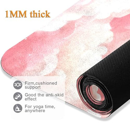 Kigai Travel Yoga Mat 71" x 24" Non Slip Natural Rubber Foldable Exercise Mat Ultra Thin 1.5mm Lightweight for Fitness, Pilates & Home Workout, Pink Clouds