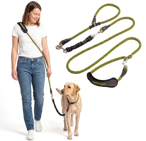 Bungee Rope Handsfree Leash for 1 Dog - Demovable Slip Lead - Waist or Hip Belt Leash for Dog Walking, Running, Carnicross - Medium & Large Breeds - color: Green Range