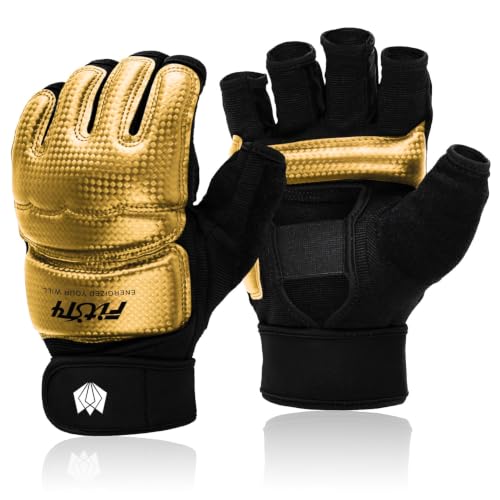 FitsT4 Sports Half Mitts MMA UFC Boxing Training Gloves for Women Men Kids - color: Gold, size: X-Large