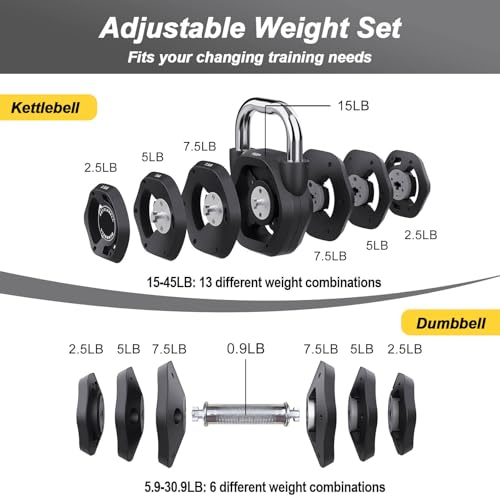 2-in-1 Adjustable Kettlebell, 15-45lbs Kettlebells Weight Set | Converts to 5.9-30.9lbs Adjustable Dumbbell, Home Gym, Strength Training, Full Body Workout, Cast Iron - color: Charcoal