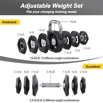 2-in-1 Adjustable Kettlebell, 15-45lbs Kettlebells Weight Set | Converts to 5.9-30.9lbs Adjustable Dumbbell, Home Gym, Strength Training, Full Body Workout, Cast Iron - color: Charcoal