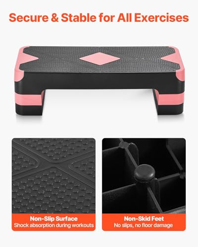 Aerobic Exercise Step Platform, 28-Inch Workout Aerobic Stepper, Height Adjustable Fitness Training Step Deck Trainer with 4 Risers, Non-Slip Surface Bench for Home Gym Cardio Strength, Red