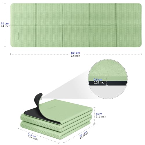 Readaeer Foldable Yoga Mat for Travel Folding Yoga Mat 6mm Thick with Carrying Bag, Non-Slip TPE Exercise Pilates Mat for 72" L x 24" W x 0.24 Inch