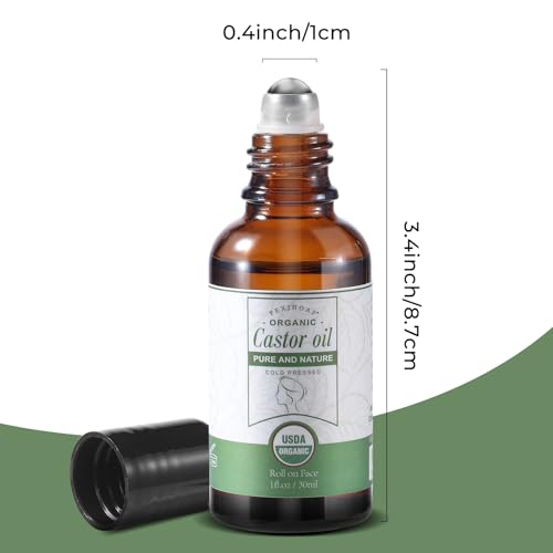Castor Oil Roll on for Face Eye Hair Scalp Eyebrow, Under Eye Roller, Certified Organic Castor Oil Roller Stick Glass Bottle, Pure Cold Pressed Body Oil - 1fl.oz Small Roller