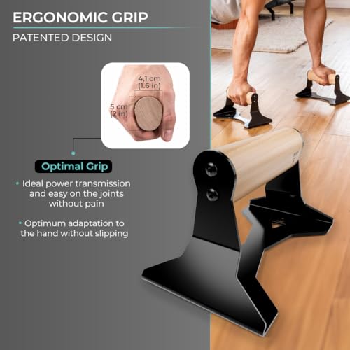 PULLUP & DIP Parallettes - Push Up Handles with Ergonomic Wooden Handles & Heavy-Duty Steel - Non-slip Parallettes Bars for Strength Training and Calisthenics - Press Up Handles for Push Ups