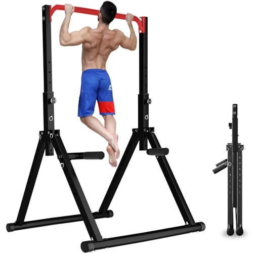 DOBESTS Power Tower Pull Up Bar Free Standing, Adjustable Foldable Pull Up Station, Home Gym Strength Training Equipment 700LBS - color: Black Style 3-Red Bar