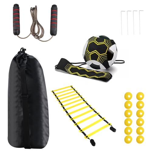 Soccer Agility Training Equipment Set, Speed Training Equipment, Including 1 Agility Ladder, 12 Disc Cones, 1 Solo Soccer Trainer, 1 Jump Rope, 4 Steel Stakes and 1 Carrying Bag