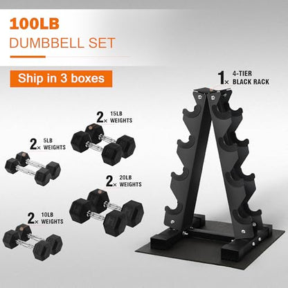 Fitvids Rubber Coated Hex Dumbbell Set with Storage Rack, 100/150/200/550 LB Hand Weight Set with Anti-Slip Grip for Home Gym - size: Dumbbell + A-Rack: 100LBS Set