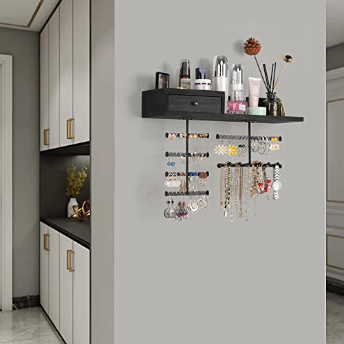 Jewelry Organizer Hanging Wall Mounted Jewelry Holder with Rustic Wood Drawer & Large Capacity Storage Shelf Rack Display for Earrings Rings Necklaces Bracelet(Black) - color: Black