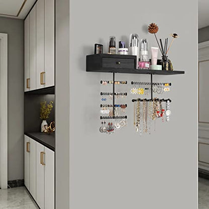 Jewelry Organizer Hanging Wall Mounted Jewelry Holder with Rustic Wood Drawer & Large Capacity Storage Shelf Rack Display for Earrings Rings Necklaces Bracelet(Black) - color: Black