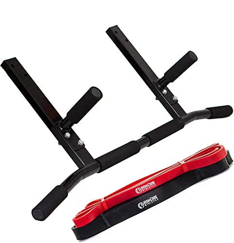 Joist Mount Pull Up Bar with Pull Up Assistance Bands - Commercial Gym Quality Pullup Bar with 41" Loop Exercise Pull-Up Assist Bands - color: JMPU plus Red and Black Bands