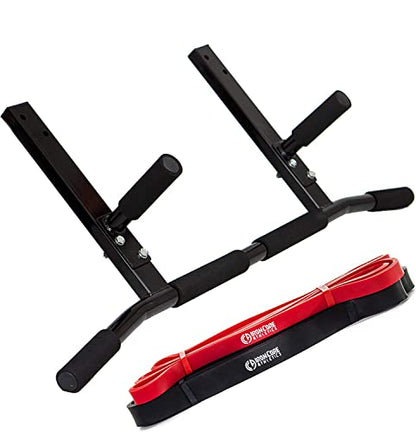 Joist Mount Pull Up Bar with Pull Up Assistance Bands - Commercial Gym Quality Pullup Bar with 41" Loop Exercise Pull-Up Assist Bands - color: JMPU plus Red and Black Bands