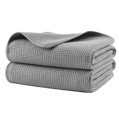 POLYTE 380 GSM Poly Blend Microfiber Quick Dry Waffle Bath Towel, 30x60 in - color: Light Gray