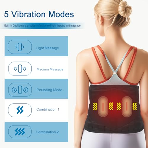 Lower Back Massager Belt with Red Light Heating Therapy, Cordless Heating Pad for Back, Rechargeable 5000 mAh Battery, Heated Back Brace Warmer Belt for Back Pain Relief,L