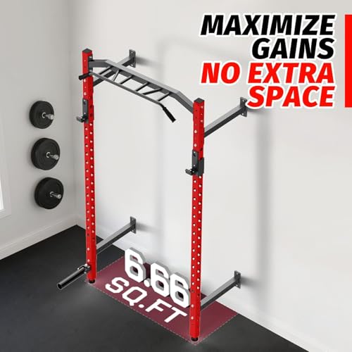 Wall Mounted Power Rack, Heavy Duty Power Rack for Home Gym, Multi-Grip Pull Up Bar with J-Hooks & Landmine Attachment, Space-Saving Wall-Mount Strength Rack for Garage Gym