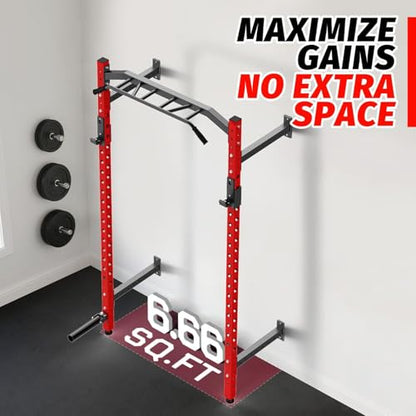 Wall Mounted Power Rack, Heavy Duty Power Rack for Home Gym, Multi-Grip Pull Up Bar with J-Hooks & Landmine Attachment, Space-Saving Wall-Mount Strength Rack for Garage Gym